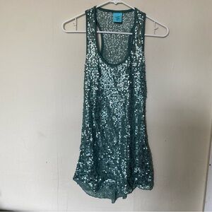 Shimmery Sequin Blue Green Mermaid Sleeveless Sheer Tank Top Tunic Mini Dress